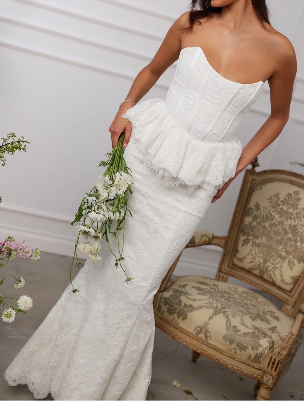 V. Chapman Ivory Strapless Lace Peplum Dress